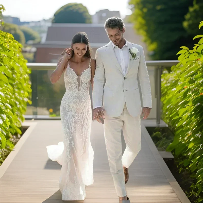 Men Formal Wear Modern - Smoking de mariage en lin pour